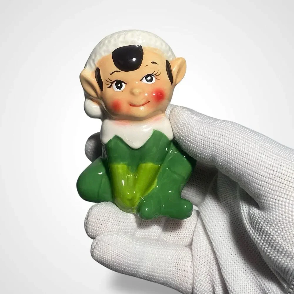 Vintage Christmas Elf Salt and Pepper Shakers Red Green Ceramic Figurines Decor